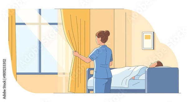 Fototapeta Caring Nurse Reveals Window Sunlight To A Patient In A Hospital Recovery Room