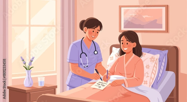 Fototapeta Caring Nurse Writing On Paper For Patient While Smiling In Hospital Room Setting
