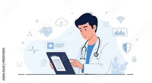 Fototapeta Digital Healthcare Concept: Doctor Using Tablet For Medical Data Visualization and Analysis