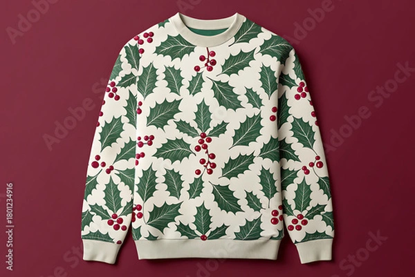 Obraz Cozy christmas sweater with festive holly berry pattern on a dark red background