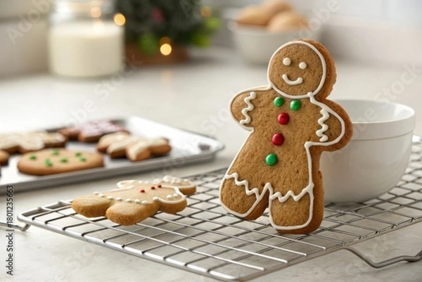 Obraz Gingerbread cookie with festive decorations on a cooling rack in a cozy kitchen setting