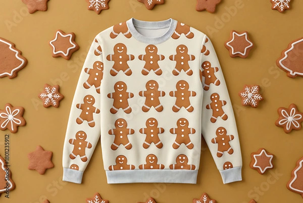 Fototapeta Cozy christmas sweater with gingerbread man pattern surrounded by cookies