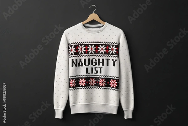 Fototapeta White christmas sweater with naughty list design hanging on a hanger