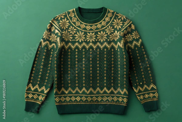 Fototapeta Cozy green fair isle knit sweater with intricate pattern