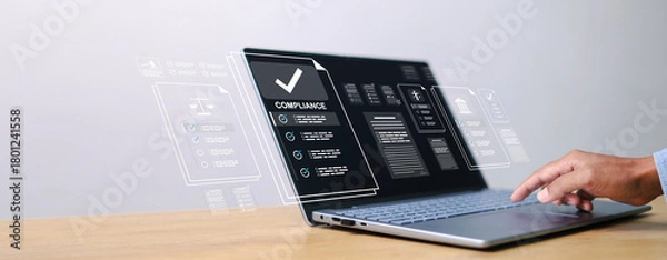 Fototapeta Compliance in business concept. Laws concept. Enforce laws, regulations and standards. requirements, audit diagram on virtual screen.