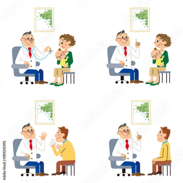 Obraz 治療室で病気の診断をしてもらう親子と男性