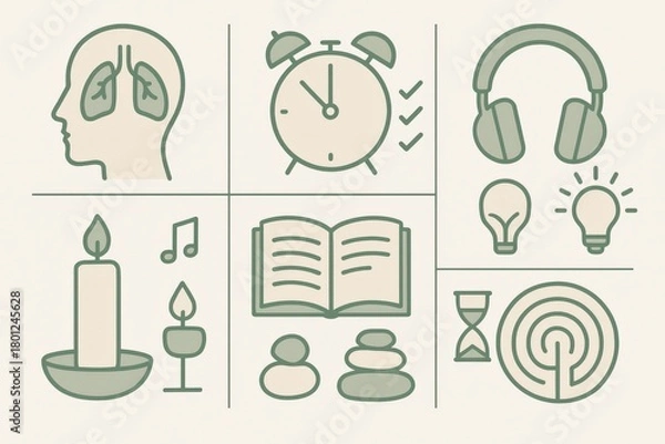 Fototapeta Visual representation of mindfulness practices featuring breathing techniques, time management tools, cognitive focus, meditation symbols, and relaxation methods illustrating well being