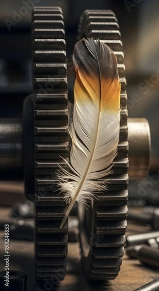 Fototapeta A close-up view of a feather resting on a set of interconnected gears in a mechanical environment, highlighting the contrast between natural and industrial elements