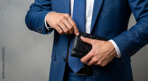 Fototapeta Businessman in a suit reaching for his wallet, symbolizing financial transactions and wealth