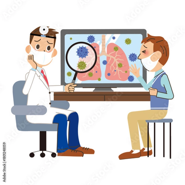 Obraz 治療室で病気の診断をしてもらう男性