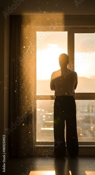 Fototapeta A silhouette of a person standing in front of a large window during sunset, creating a dramatic and contemplative atmosphere inside a modern building