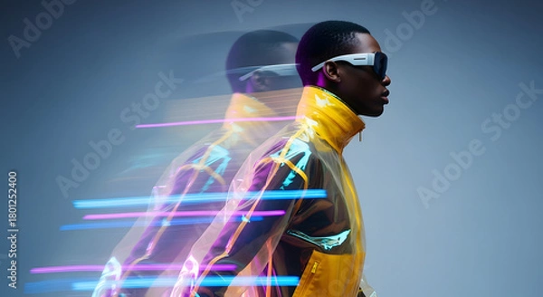 Fototapeta Futuristic fashion forward individual in motion blur, captured with vibrant neon light trails against a muted backdrop