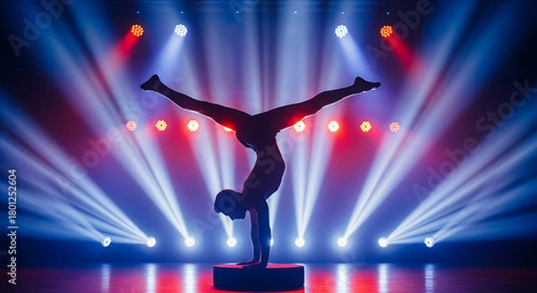 Fototapeta Dynamic acrobatic performance showcasing incredible balance and strength under vibrant stage spotlights