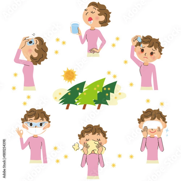 Obraz 大量の花粉で目薬やうがいやゴーグルで予防対策をしている