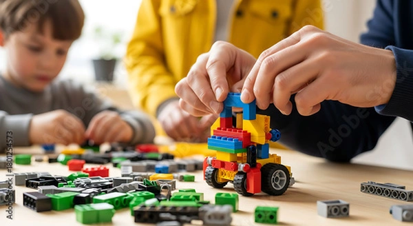 Fototapeta A family enjoys creative playtime, building with colorful interlocking plastic toy blocks together
