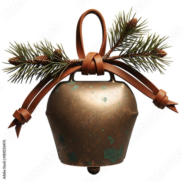 Fototapeta Rustic bronze cowbell decorated with pine branches and ribbon isolated on transparent background