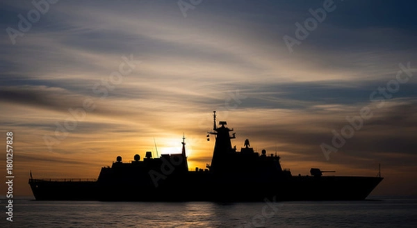 Fototapeta Silhouette of a warship sailing on the ocean during a beautiful sunset, capturing a serene and dramatic scene