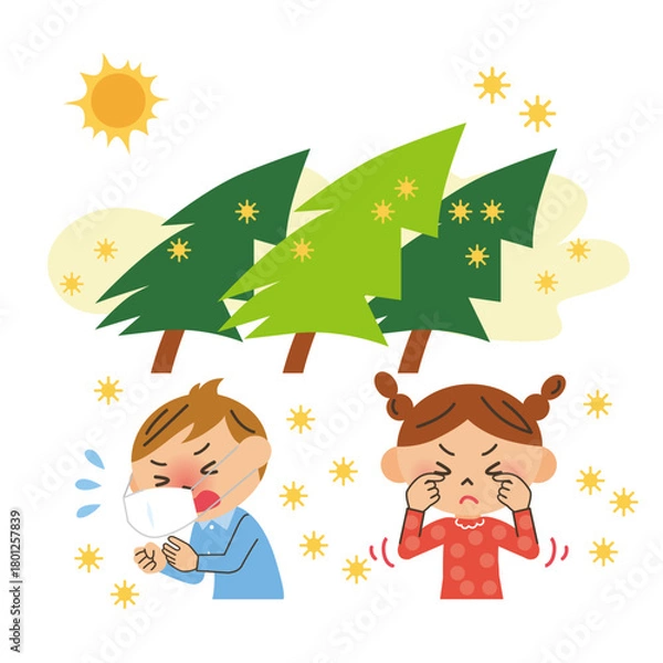 Obraz 大量の花粉が舞っていて目のかゆみや咳が出ている子供達