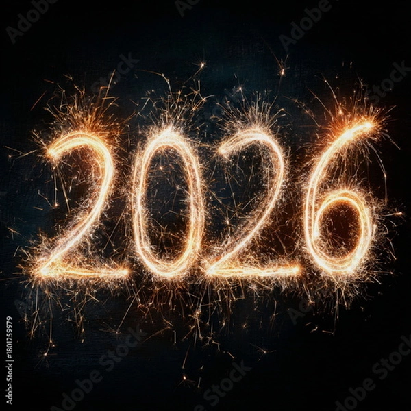 Fototapeta Bright sparkler digits forming 2026 glow against a dark festive background, creating a warm holiday mood with sparks and motion. Perfect for New Year celebrations, seasonal banners and Christmas visua