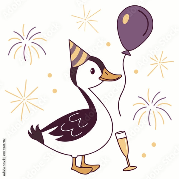 Fototapeta Vector illustration of a Funny Duck with with a balloon, styled in a New Year's Eve/Day theme using New Beginnings colors
