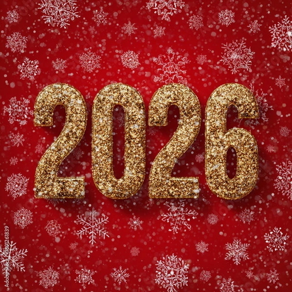 Fototapeta Golden 2026 digits appear on a festive red background decorated with snowflakes, creating a warm Christmas and New Year mood. The shiny texture adds charm and enhances the joyful holiday atmosphere.