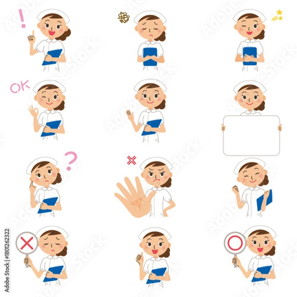 Obraz 看護婦のホワイトボード、ひらめき、案内、悩む、正解、不正解、頑張る、説明の上半身ポーズ