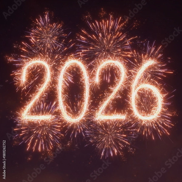 Fototapeta Sparkling 2026 written with bright fireworks glows in the night sky, creating a festive and magical New Year atmosphere. Vibrant bursts of color illuminate the background, adding excitement and celebr
