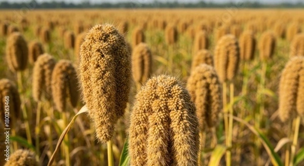 Fototapeta Close-up of cultivated golden heads of grain in a vast field