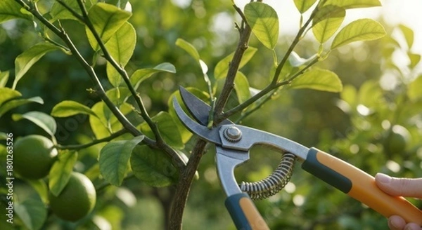 Fototapeta Pruning small tree branch with shears in sunlight, with citrus
