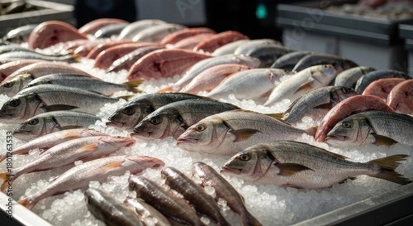 Fototapeta Fresh seafood display, various types, on ice, at a market
