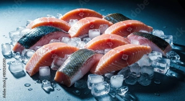 Fototapeta Fresh salmon fillets arranged on ice, displaying vibrant color