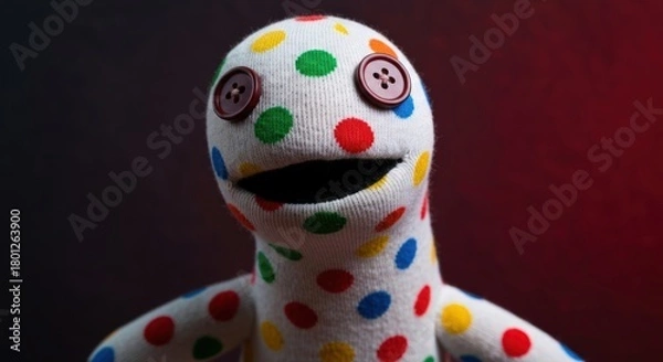 Fototapeta Sock puppet with button eyes and colorful polka dots on a dark background