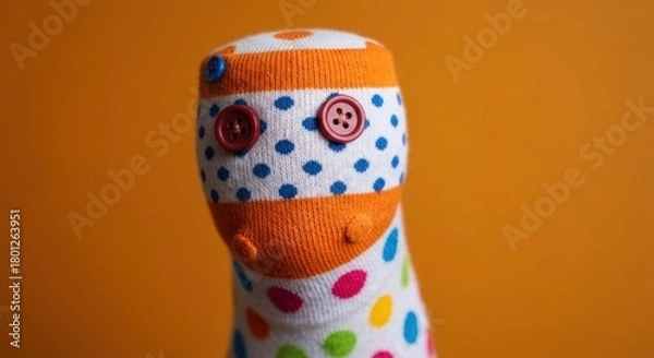 Fototapeta A whimsical sock puppet with button eyes, on a bright orange background
