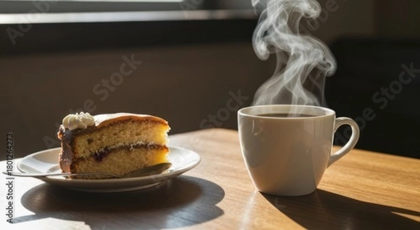 Fototapeta Slice of cake with whipped cream, coffee cup steaming, on a wood table