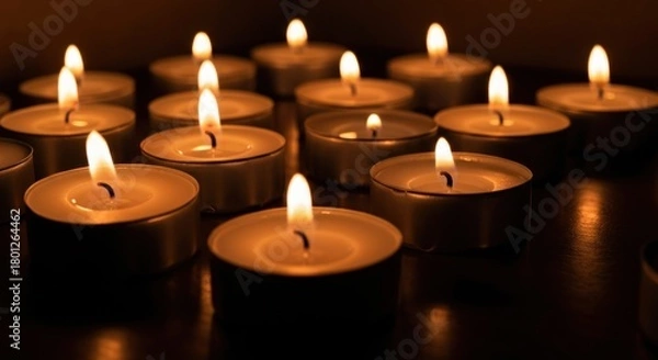 Fototapeta Glowing tea light candles illuminate a dark surface, casting soft light