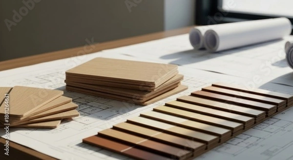 Fototapeta Design concept samples, blueprints, and rolls of paper on a desk
