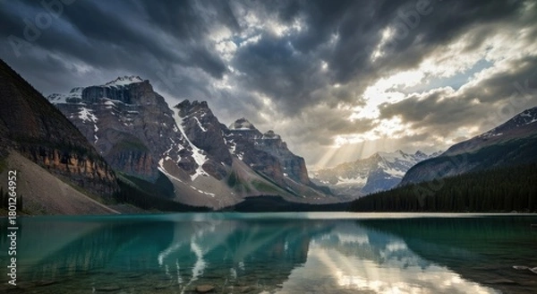 Fototapeta Majestic mountains frame a serene turquoise lake under a dramatic, cloudy sky