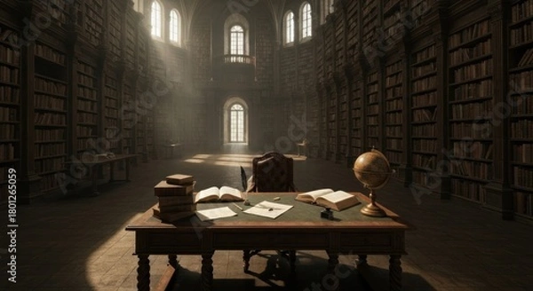 Fototapeta Grand, old library with sunlight streaming through arched windows