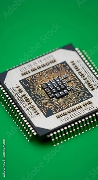 Fototapeta A close-up view of a modern computer microprocessor with intricate circuitry on a vibrant green background