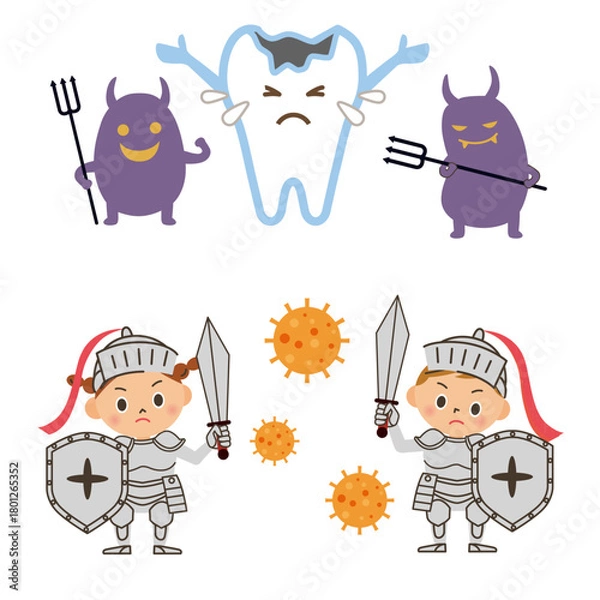 Obraz 歯の虫歯菌に負けている歯、ウイルス菌と戦う子供