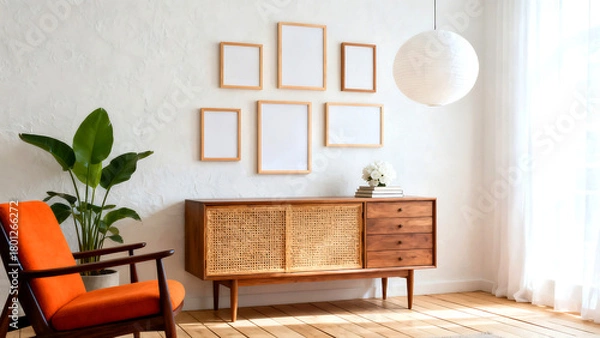 Fototapeta Create a stunning gallery wall with this bright modern living room featuring a stylish console and orange accent chair