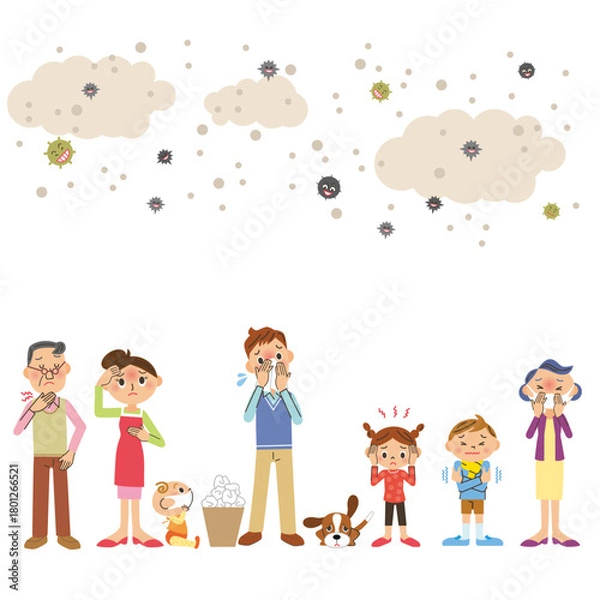 Obraz ウイルス菌や花粉が空気中に舞って病気になっている家族