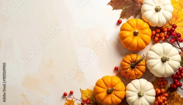 Fototapeta Generated image. Autumn decor from pumpkins, berries and leaves. Background of Thanksgiving day