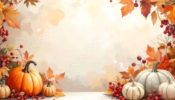 Fototapeta Generated image. Autumn decor from pumpkins, berries and leaves. Background of Thanksgiving day