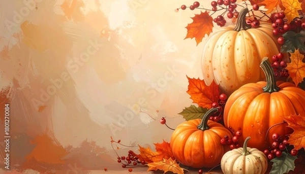 Fototapeta Generated image. Autumn decor from pumpkins, berries and leaves. Background of Thanksgiving day