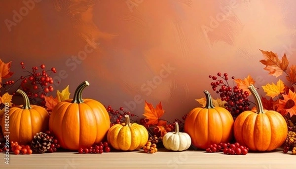 Fototapeta Generated image. Autumn decor from pumpkins, berries and leaves. Background of Thanksgiving day