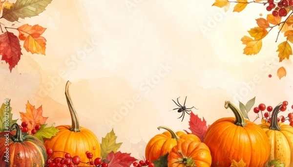 Fototapeta Generated image. Autumn decor from pumpkins, berries and leaves. Background of Thanksgiving day