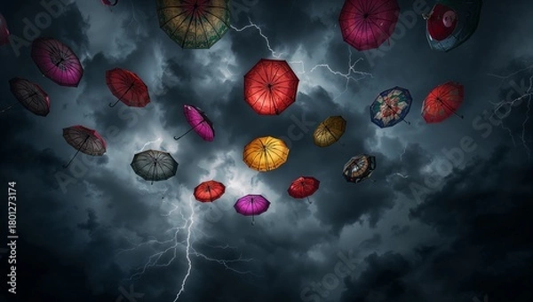 Fototapeta Colorful Umbrellas Floating in Stormy Sky with Lightning Strikes