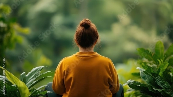 Fototapeta Woman in yellow sweatshirt sits surrounded by vibrant green foliage, quietly contemplating nature, expressing solitude and emotional healing. Concept of mindfulness and personal well-being