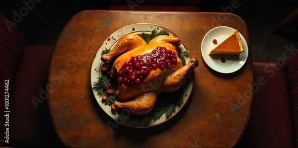 Fototapeta Cozy Diner Thanksgiving Spread, No People Allowed Overhead view of a rustic diner booth table laden with a Thanksgiving feast. Include a golden roasted turkey, bowls of creamy mashed potatoes, a